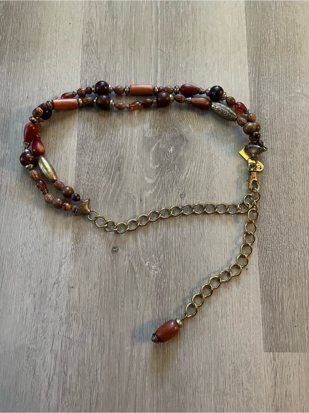 Vintage Warm Brown Beaded Women's Belt with Antique Gold Chain
